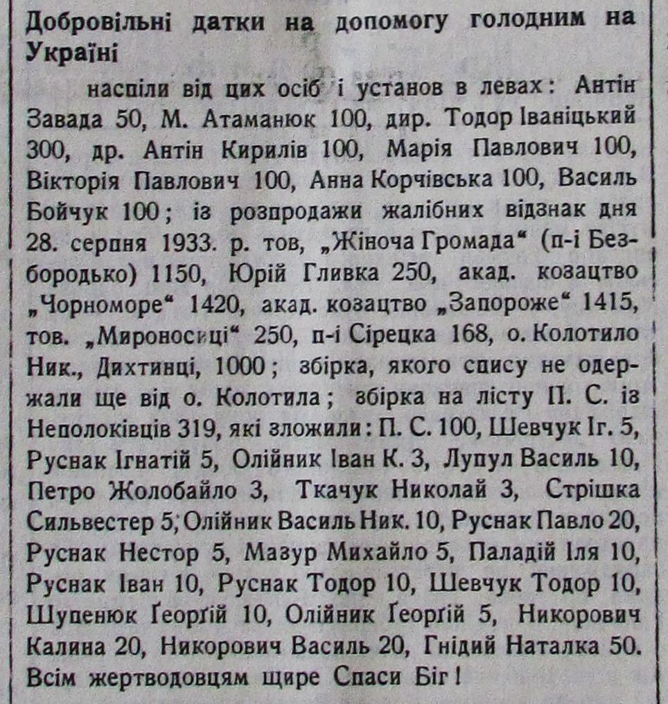 Публікація газети "Час" про Голод в Україні 